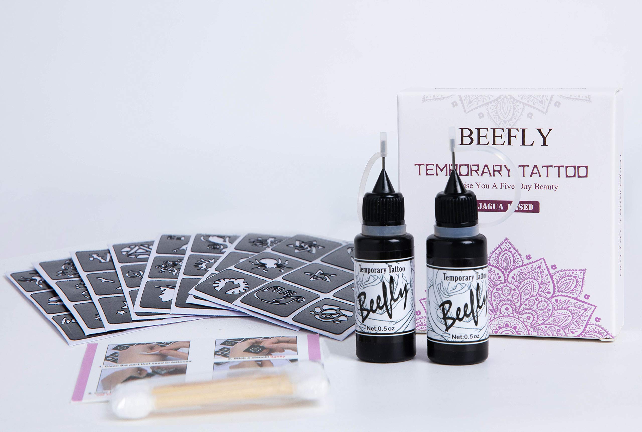 Beefly Art Painting Temporary Kit Semi Permanent Freehand Gel(Natural Plants Based) Dozens Pcs Free Stencils, DIY Fake Freckles, Full Kit 2 Bottles(1oz)