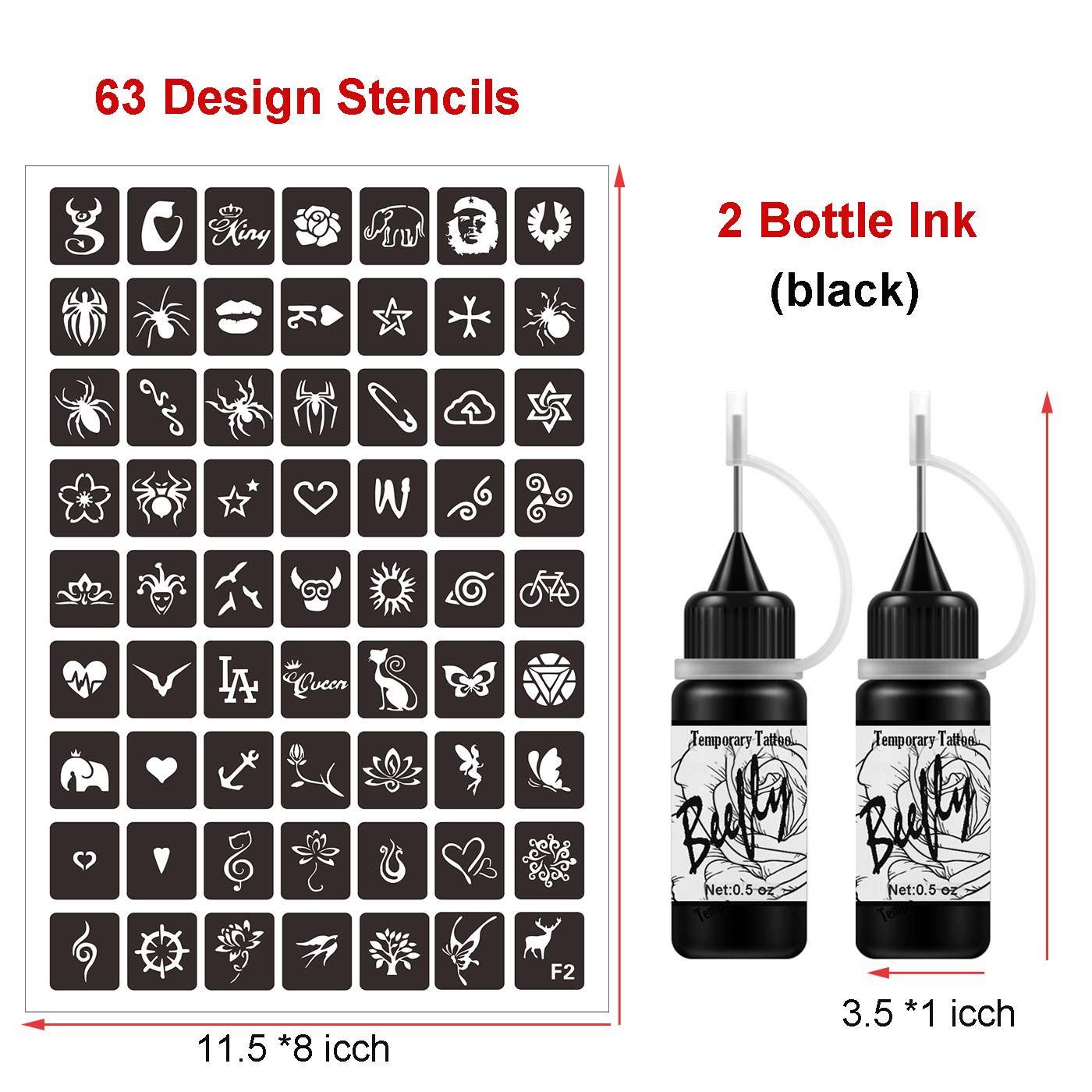 Beefly Art Painting Temporary Kit Semi Permanent Freehand Gel(Natural Plants Based) Dozens Pcs Free Stencils, DIY Fake Freckles, Full Kit 2 Bottles(1oz)