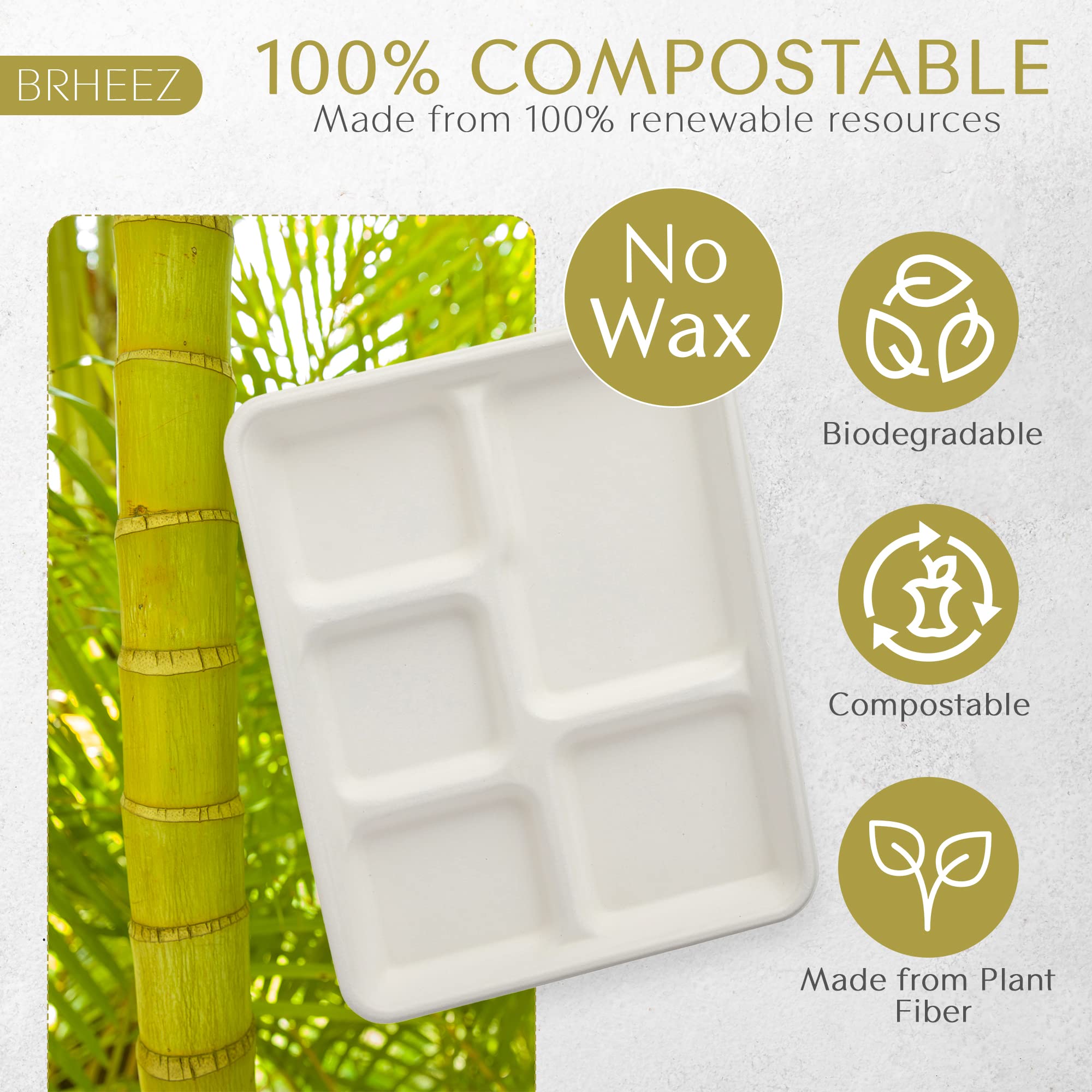 brheez Eco-Friendly 6 Compartment 8.5”x12.5” Disposable School Tray - Made from Bagasse Sugar Cane Fiber - Biodegradable, Compostable & Chemical Free - Pack of 50