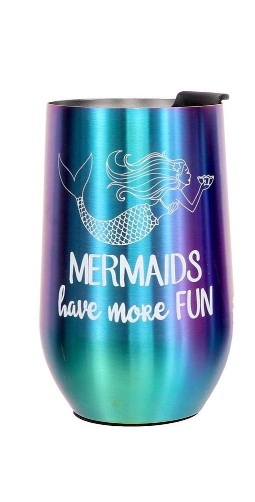 Mermaid Insulated Stainless Steel Wine Tumbler with Lid Stemless Wine Glass - 2 Styles Available (Mermaids Have More Fun)