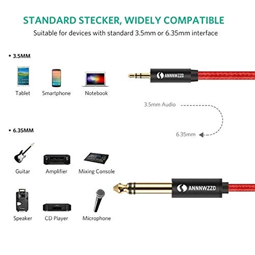 ANNNWZZD 1/8 to 1/4 Stereo Cable, 3.5mm to 1/4 Cable Male to Male Stereo Jack Cables for Guitar, iPod, Laptop, Home Theater Devices, Speaker and Amplifiers 6ft/2m