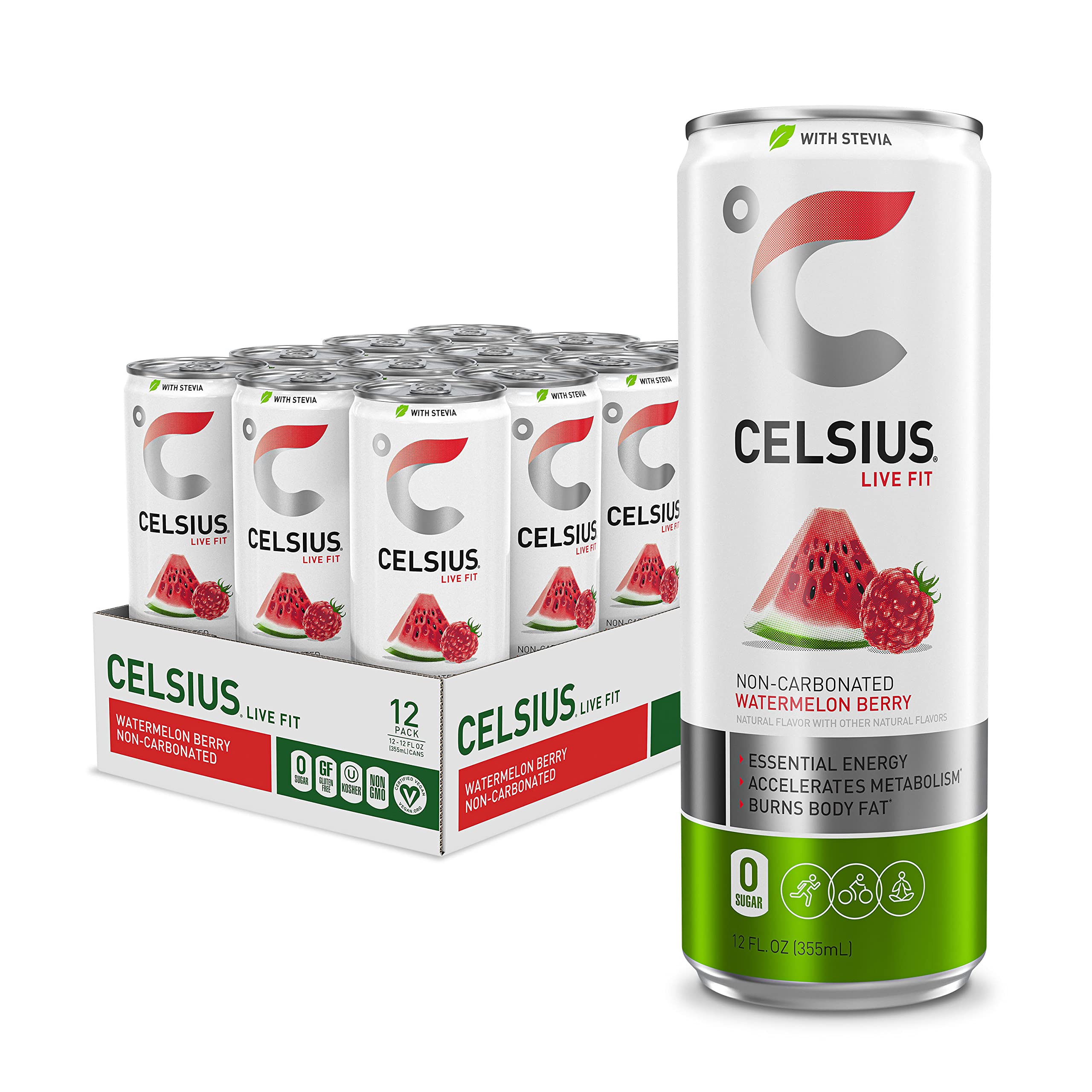 CELSIUS Sweetened with Stevia Watermelon Berry Non-Carbonated Fitness Drink, Zero Sugar, 12oz. Slim Can (Pack of 12)