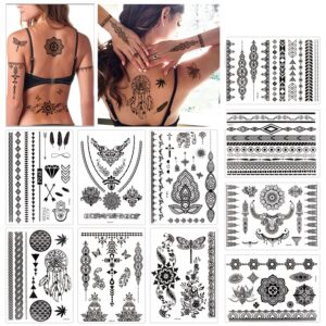 konsait 10 sheets henna temporary tattoo black art stickers lace mehndi body transfers tattoo for women adult girls for festival party