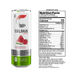 CELSIUS Sweetened with Stevia Watermelon Berry Non-Carbonated Fitness Drink, Zero Sugar, 12oz. Slim Can (Pack of 12)