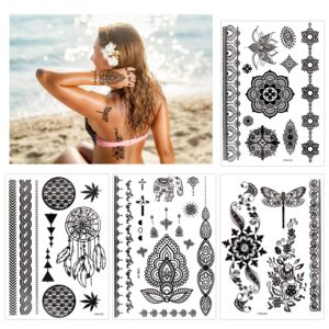 Konsait 10 Sheets Henna Temporary Tattoo Black Art Stickers Lace Mehndi Body Transfers Tattoo for Women Adult Girls for Festival Party