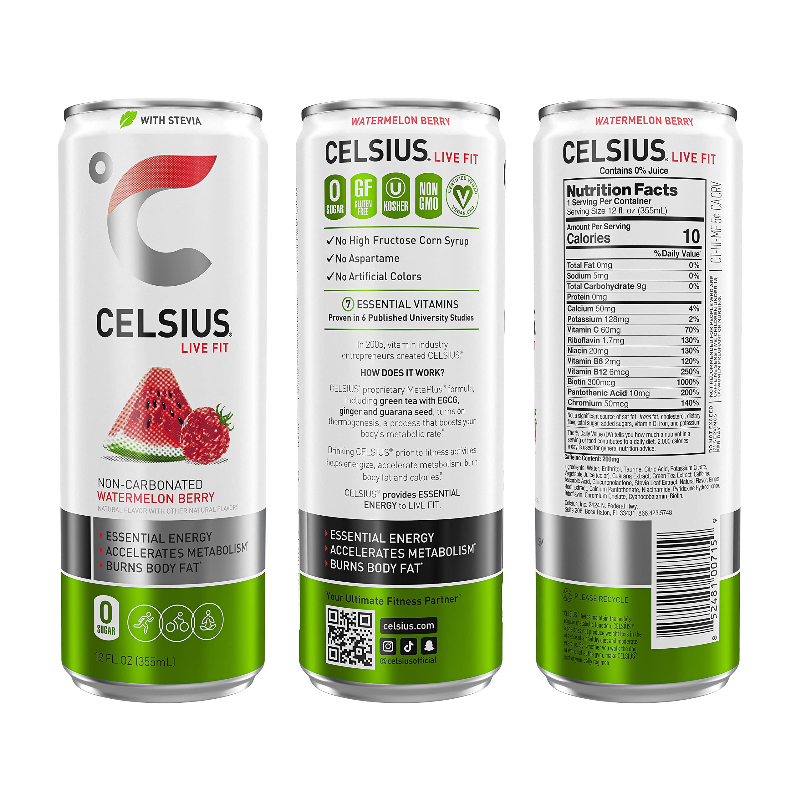 CELSIUS Sweetened with Stevia Watermelon Berry Non-Carbonated Fitness Drink, Zero Sugar, 12oz. Slim Can (Pack of 12)