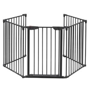 bonnlo 120 inches wide configurable baby gate fireplace safety fence/guard adjustable 5-panel metal play yard for toddler/pet/dog christmas tree fence, includes 4 pack of wall mounts, black