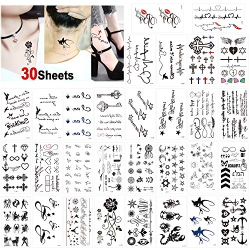 Konsait Temporary Tattoos for Adult Women Men Kids(30 Sheets), Waterproof Temporary Tattoo Fake Black Tiny Tattoos Body Art Sticker Hand Neck Wrist Cover Up Set