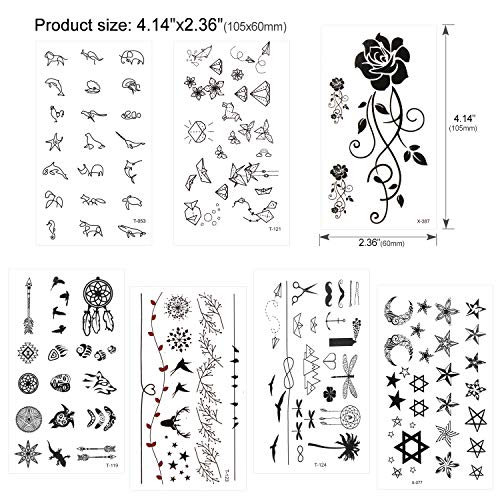 Konsait Temporary Tattoos for Adult Women Men Kids(30 Sheets), Waterproof Temporary Tattoo Fake Black Tiny Tattoos Body Art Sticker Hand Neck Wrist Cover Up Set