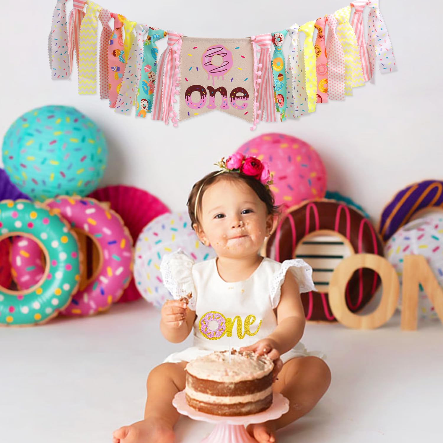 Vansolinne Donut 1st Birthday Party Decorations Kit, Sweet One High Chair Banner Donut Grow Up Photo Booth Props Party Supplies Cake Topper First Birthday Gifts and Souvenir for Baby Girl