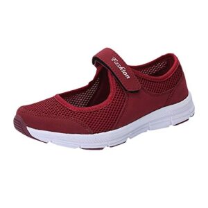 WEUIE Mary Jane Shoes for Women,Women's Comfortable Breathable Fitness Running Sports Shoes Lightweight Mesh Sneakers Wine