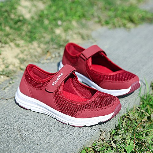 WEUIE Mary Jane Shoes for Women,Women's Comfortable Breathable Fitness Running Sports Shoes Lightweight Mesh Sneakers Wine