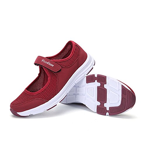 WEUIE Mary Jane Shoes for Women,Women's Comfortable Breathable Fitness Running Sports Shoes Lightweight Mesh Sneakers Wine