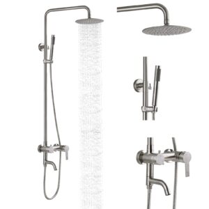 gotonovo Stainless Steel SUS304 Shower Faucet 8 Inch Rainfall Shower Head Cylinder Handle Brushed Nickel Exposed Shower Fixture Wall Mount Shower System With Hand Spray