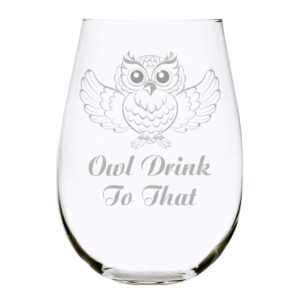 c m owl drink to that stemless wine glass, 17 oz.