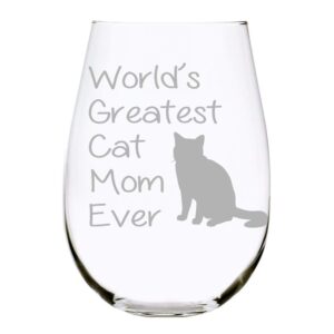 world's greatest cat mom ever stemless wine glass 17 oz.(cat mom)