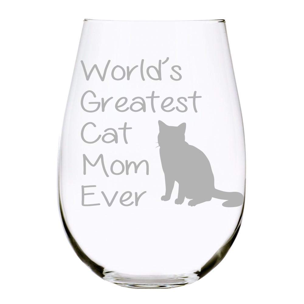 World's Greatest Cat Mom Ever stemless wine glass 17 oz.(cat mom)