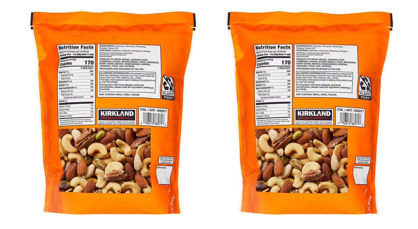 Kirkland Signature QNKDQK Extra Fancy Unsalted Mixed Nuts 2.5 (LB), 2 Pack of 40 Ounce, 99451458768