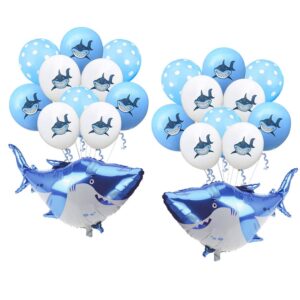 SAKOLLA Set of 22 Shark Theme Party, 2 x 37" Large Shark Foil Balloons and 20 x 12" Shark Latex Balloons