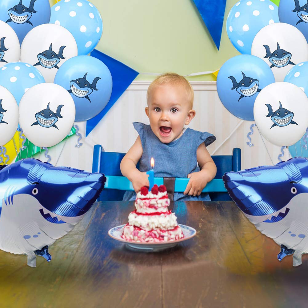 SAKOLLA Set of 22 Shark Theme Party, 2 x 37" Large Shark Foil Balloons and 20 x 12" Shark Latex Balloons