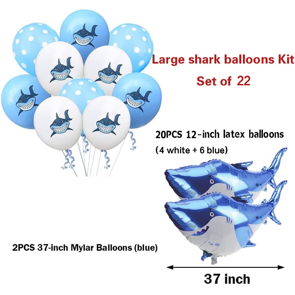 SAKOLLA Set of 22 Shark Theme Party, 2 x 37" Large Shark Foil Balloons and 20 x 12" Shark Latex Balloons