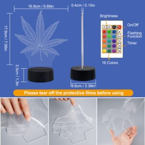 FULLOSUN 3D Night Light, Leaf Illusion Lamp with Remote Control 16 Colors Changing Table Desk Bedroom Decor Optical Home Room Store Decoration