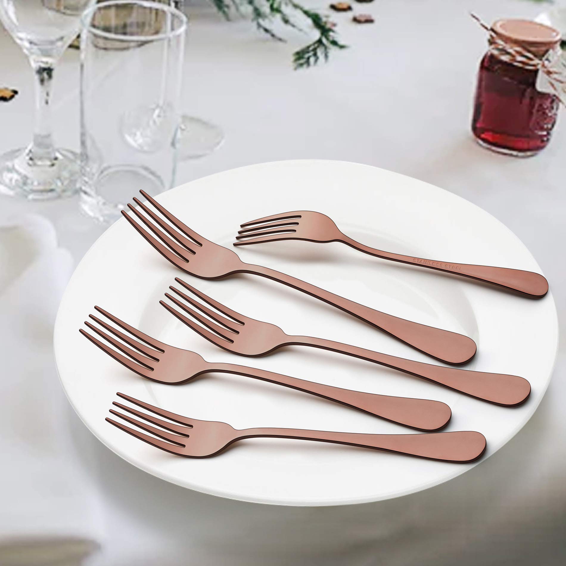 LIANYU 40-Piece Copper Flatware Silverware Set for 8, Stainless Steel Cutlery Eating Utensils Set, Wedding Party Festival Silverware, Mirror Finish, Dishwasher Safe