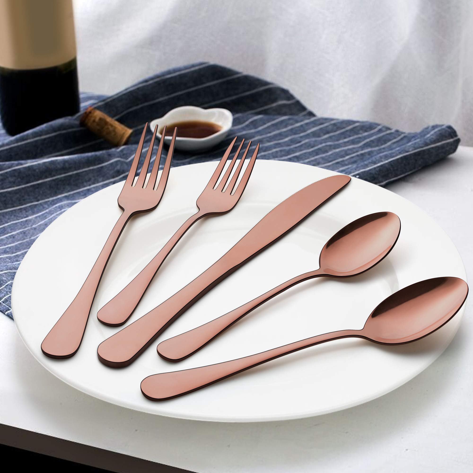 LIANYU 40-Piece Copper Flatware Silverware Set for 8, Stainless Steel Cutlery Eating Utensils Set, Wedding Party Festival Silverware, Mirror Finish, Dishwasher Safe