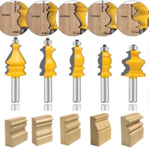 leatbuy 1/2-inch shank architectural molding router bit set 5 pcs, corner rounding edge-forming roundover beading router bit set, woodworking milling cutter tools, carbide cutter cnc router (fj-55)