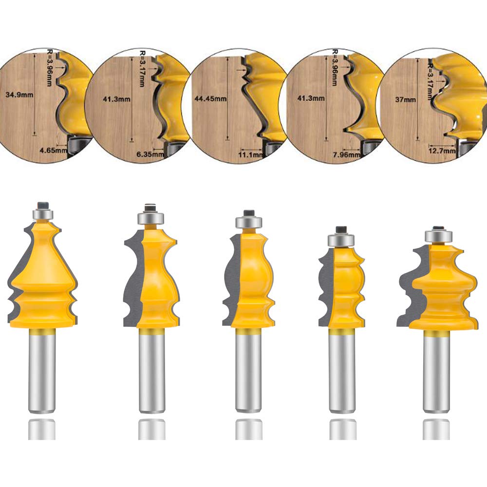 LEATBUY 1/2-Inch Shank Architectural Molding Router Bit Set 5 PCS, Corner Rounding Edge-Forming Roundover Beading Router Bit Set, Woodworking Milling Cutter Tools, Carbide Cutter CNC Router (FJ-55)