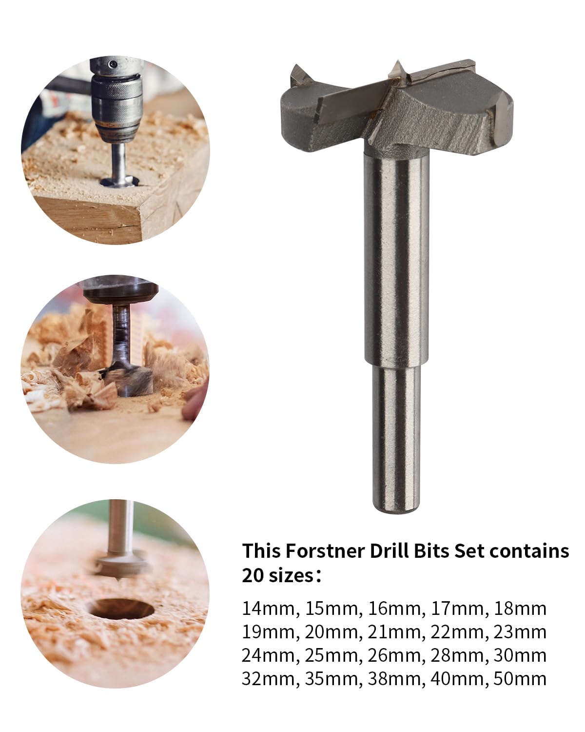 Rocaris 20Pcs Forstner Drill Bits, Tungsten Steel Woodworking Hole Saw Set, Wood Cutter Auger Opener Round Shank Drilling Cutting Tool (14mm-50mm)