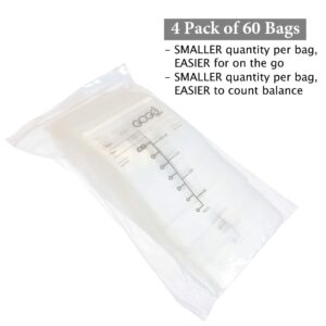 240 CT (4 Pack of 60 Bags) Best Value Pack Breastmilk Storage Bags - 7 OZ, EACH PRE-STERILIZED By Gamma Ray, BPA Free, Leak Proof Double Zipper Seal, Self Standing, for Refrigeration and Freezing