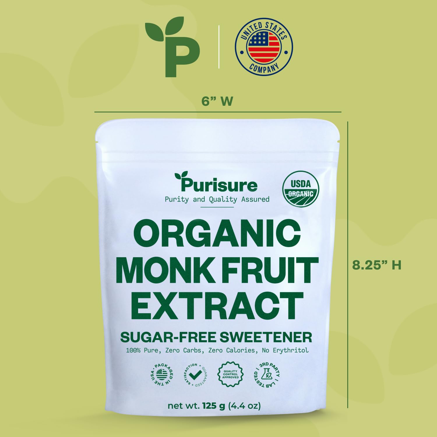 Organic Monk Fruit Sweetener, 125g (4.41oz) 400 Servings, No Fillers Pure USDA Organic Monk Fruit Extract Powder with No Aftertaste, Zero Calorie & Zero Carbs, Keto & Paleo Friendly, by Purisure