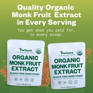 Organic Monk Fruit Sweetener, 125g (4.41oz) 400 Servings, No Fillers Pure USDA Organic Monk Fruit Extract Powder with No Aftertaste, Zero Calorie & Zero Carbs, Keto & Paleo Friendly, by Purisure