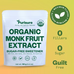 Organic Monk Fruit Sweetener, 125g (4.41oz) 400 Servings, No Fillers Pure USDA Organic Monk Fruit Extract Powder with No Aftertaste, Zero Calorie & Zero Carbs, Keto & Paleo Friendly, by Purisure