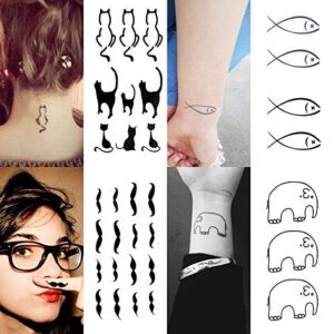 Oottati 30 Sheets Small Cute Temporary Tattoos Kit - Black Foot Print Camera Elephant Star Diamond Cross Bird Cat for Kids Women Men