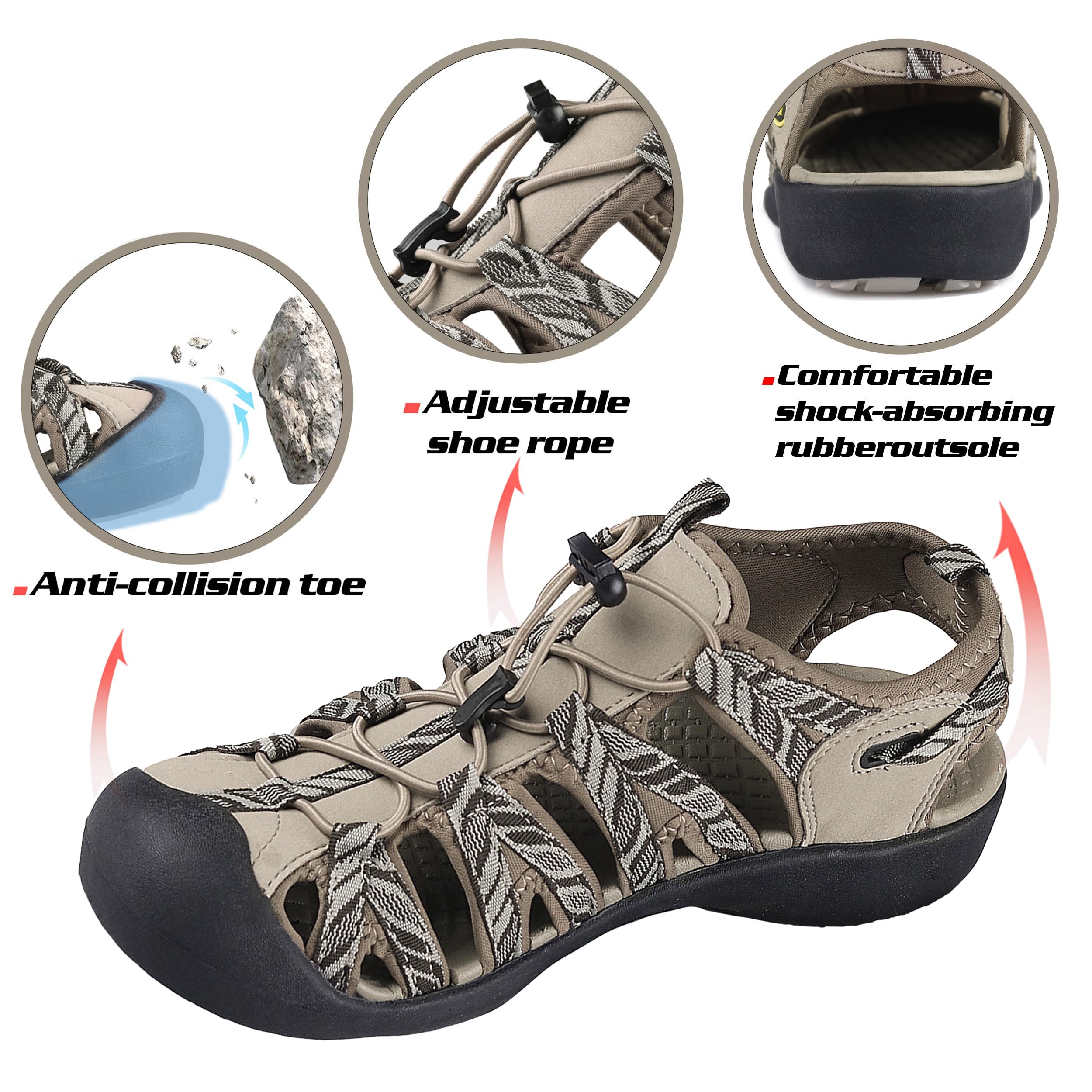 GRITION Hiking Sandals Women Closed Toe, Waterproof Lightweight Adjustable Hiking Athletic Sandals, Breathable For Beach Adventure Comfortable Outdoor Sport Summer (7 US, Beige/Brown)