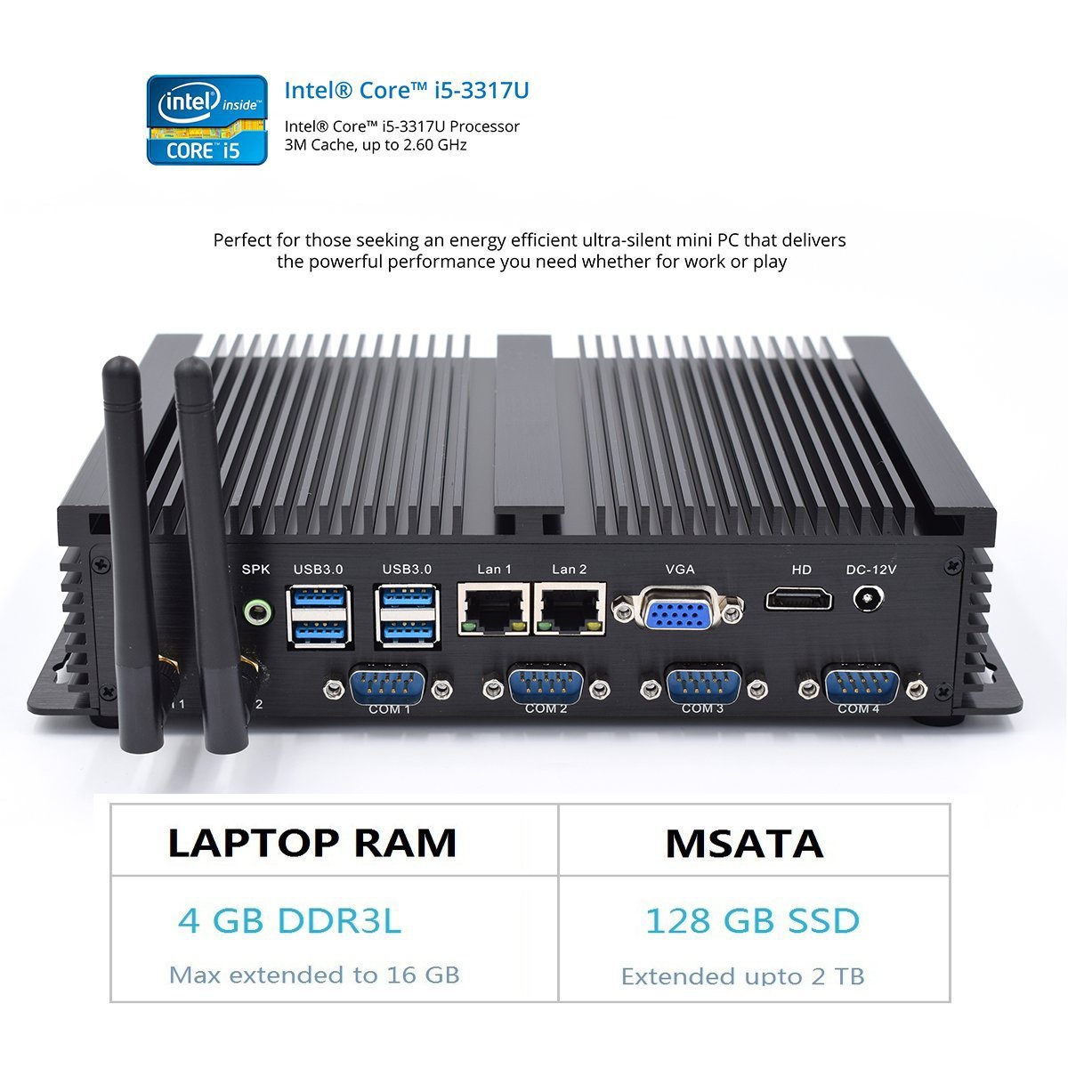 IDEARACE Powerful Fanless Mini PC, Intel i5 2 Cores CPU Industrial Desktop Computer, 8GB RAM+128GB SSD, 4xCOM RS232, 4xUSB 3.0, 2xNICs, HD, VGA, Metal Case, W-11 Pro