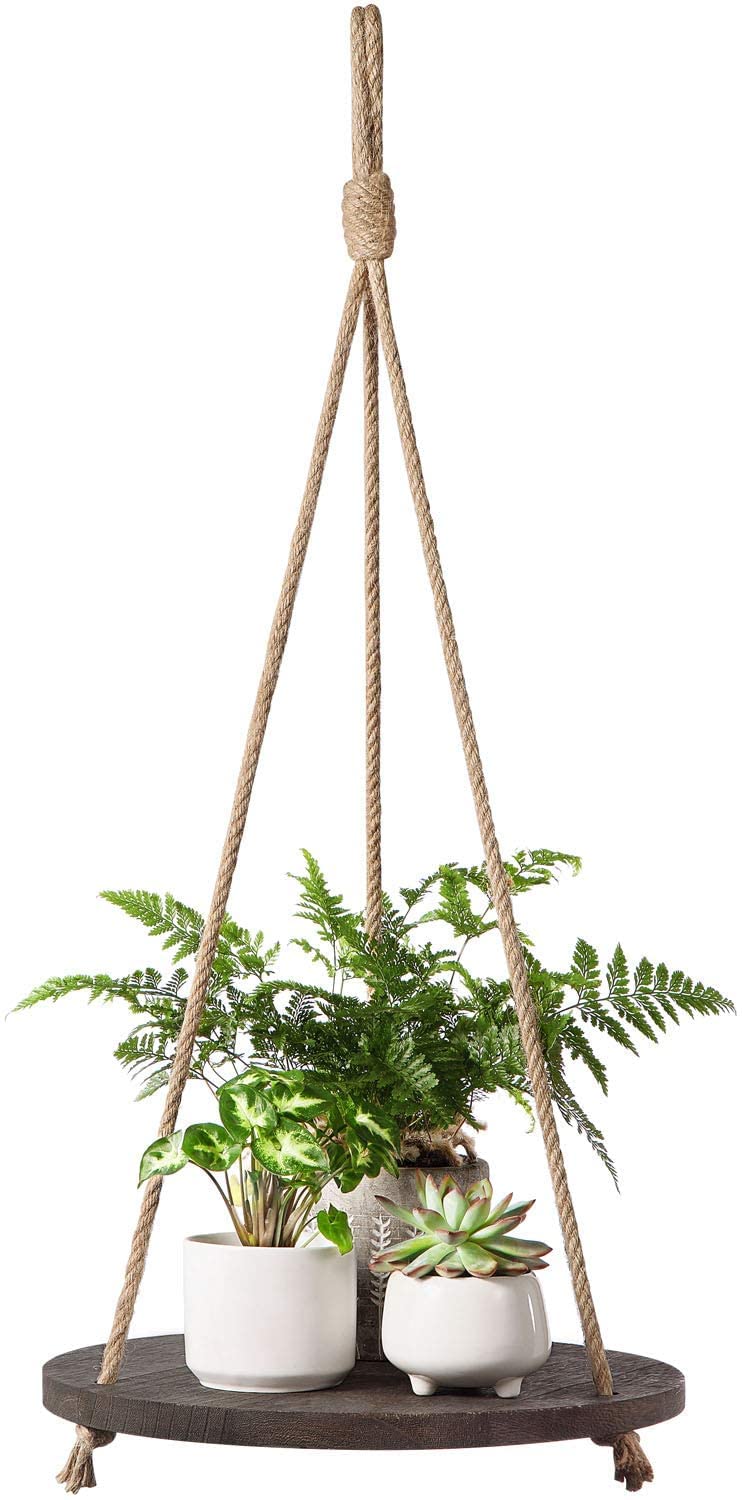 Dahey Hanging Plant Shelf Round Wood Rope Hanging Floating Shelf Vintage Home Decor Display Planter Rack for Living Room Bedroom Kitchen, Dark Brown