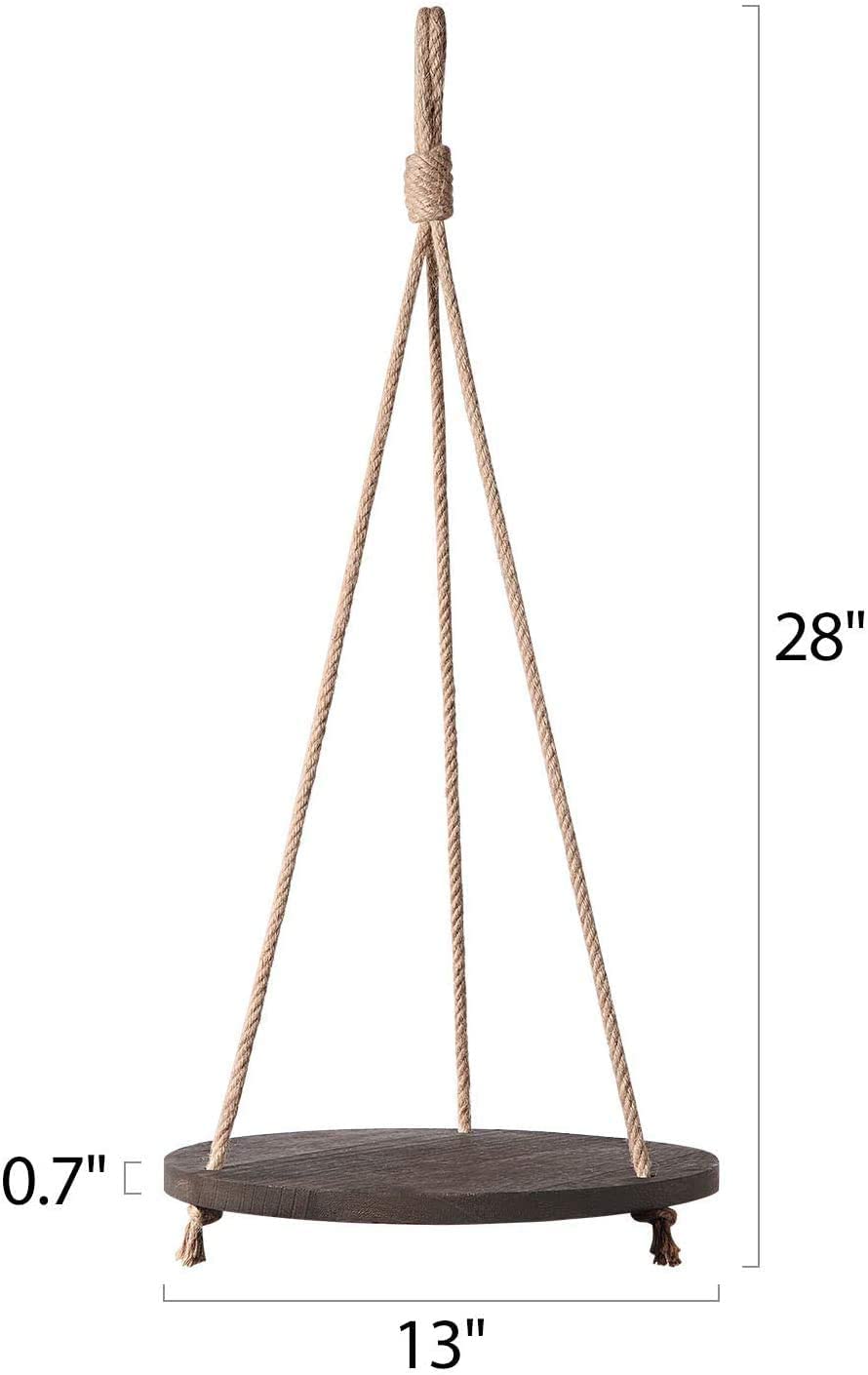 Dahey Hanging Plant Shelf Round Wood Rope Hanging Floating Shelf Vintage Home Decor Display Planter Rack for Living Room Bedroom Kitchen, Dark Brown