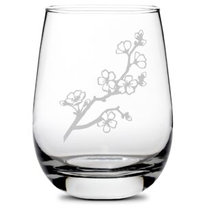 integrity bottles cherry blossom design stemless wine glass, handmade, handblown, hand etched gifts, sand carved, 16oz