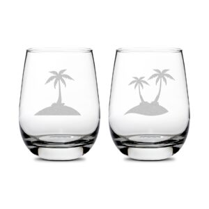 integrity bottles premium stemless wine glasses, set of 2, palm trees, deep etched 16oz stemless gifts, made in usa, sand carved by hand