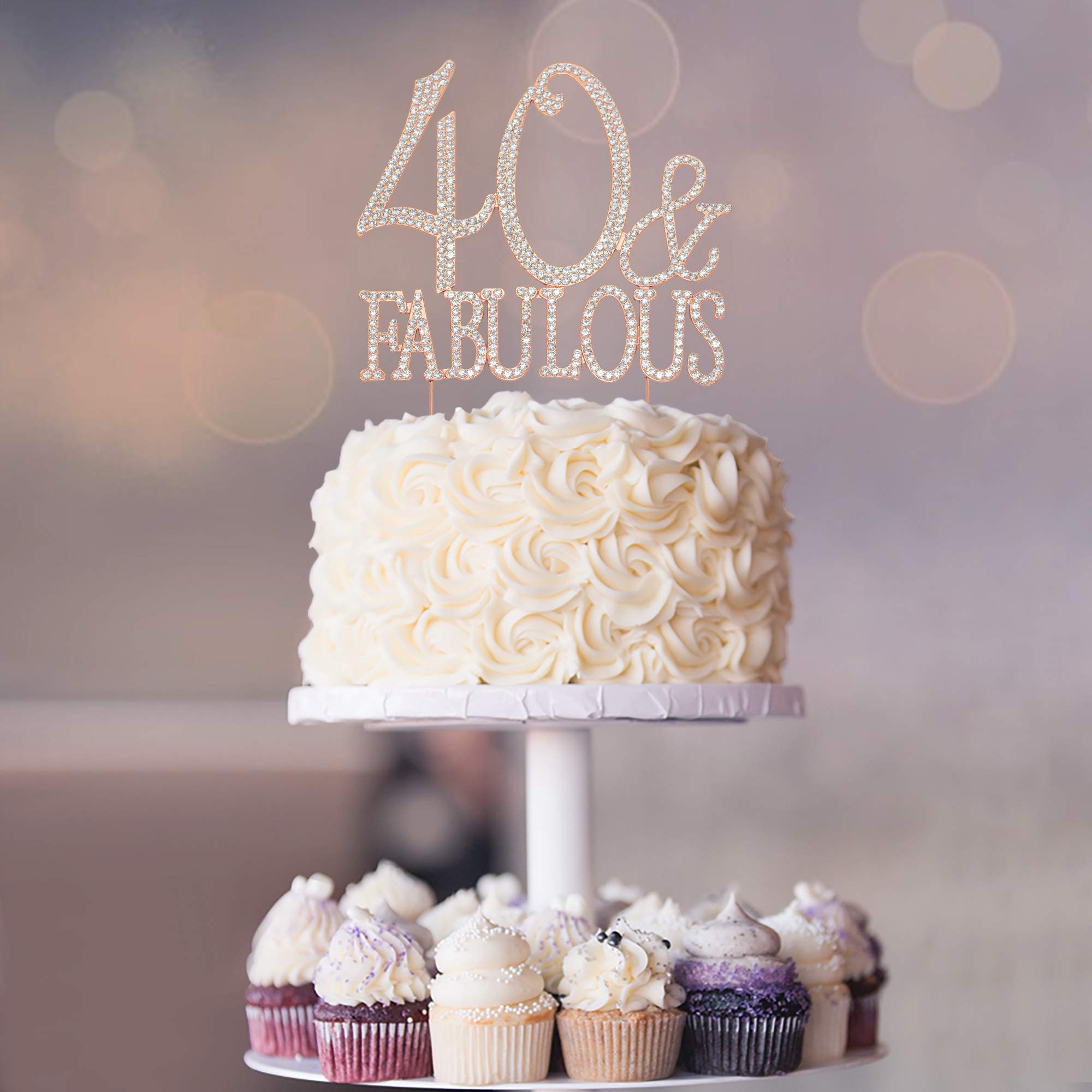 40 Cake Topper - Premium Rose Gold Metal - 40 and Fabulous - 40th Birthday Party Sparkly Rhinestone Decoration Makes a Great Centerpiece - Now Protected in a Box