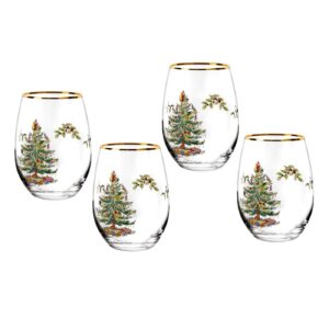 spode christmas tree glassware - set of 4 -made of glass – gold rim- classic drinkware - gift for christmas, holidays, or wedding - drinking glasses (stemless wine glasses)