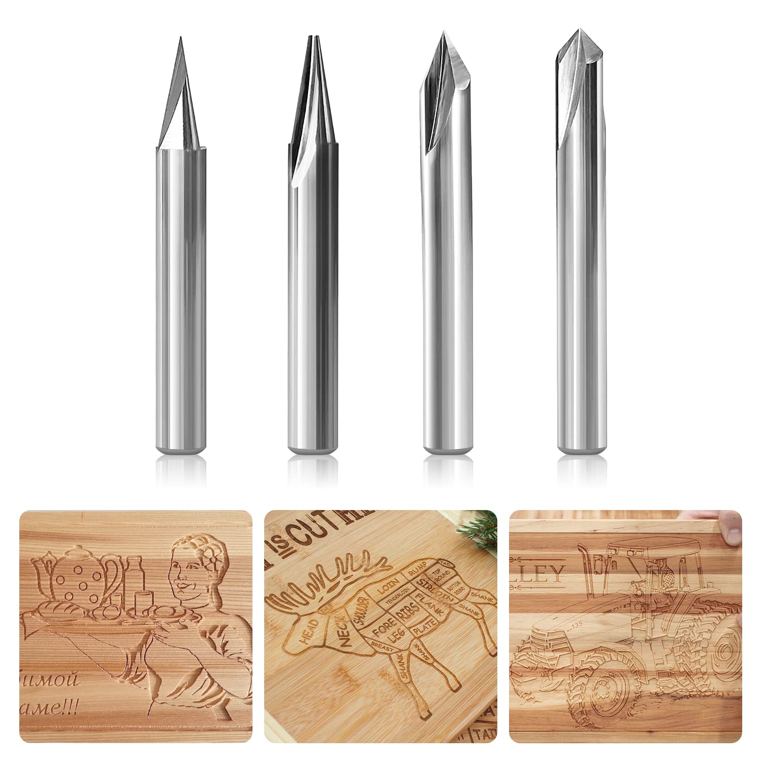 SILIVN Engraving CNC Wood Carving Router Bit 1/4 Shank 15°/20°/60°/90° Engraving Bits, 2 Flutes Straight CNC V-bit Tungsten Steel Marking Conical Engraving Router Tool