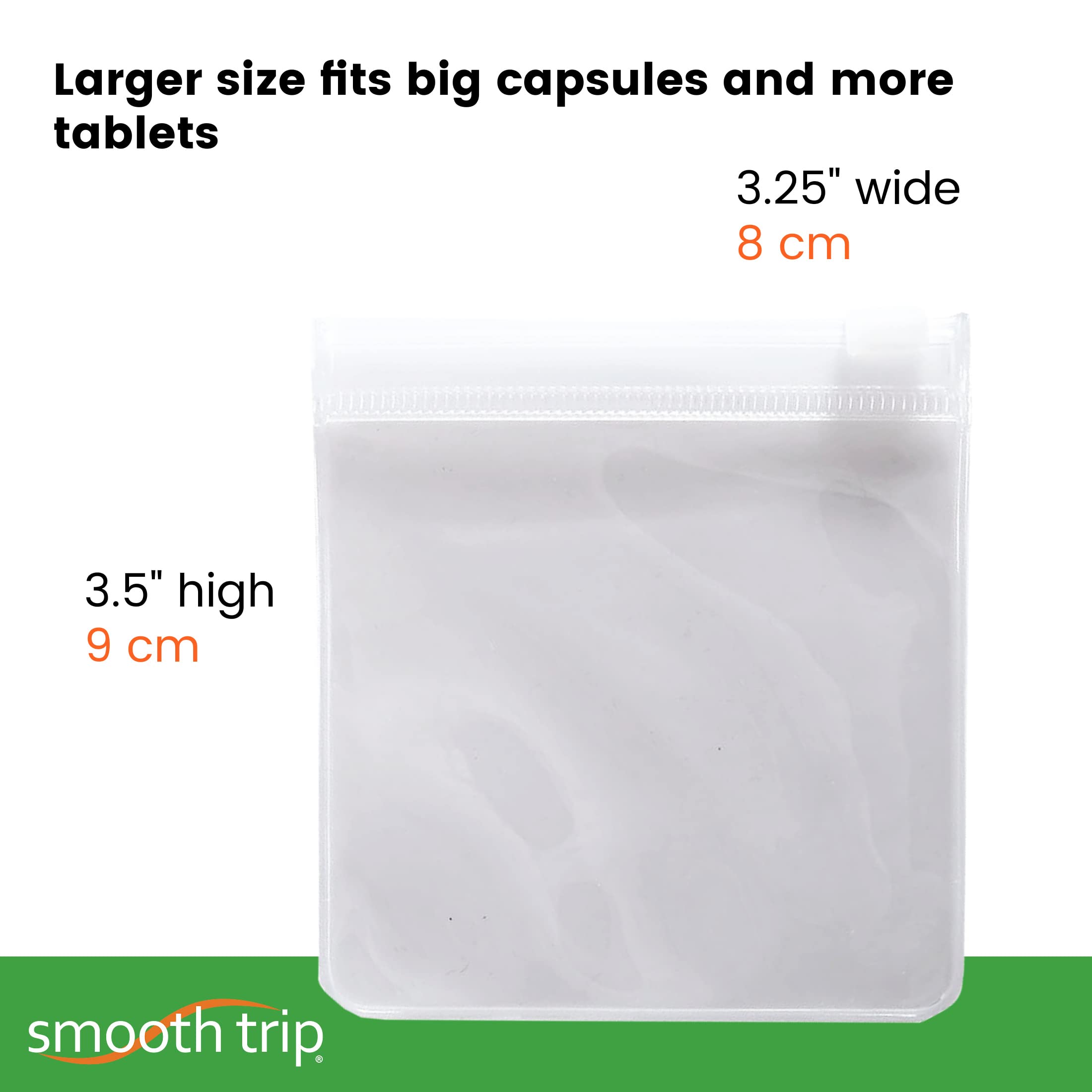 Smooth Trip Certified Food Grade Pill Pouch - Zippered Ultra Clear and Strong BPA Free Bags for Vitamins, Pills, Snacks and Accessories - Larger 3.25 x 3.5" Size (8-Count)