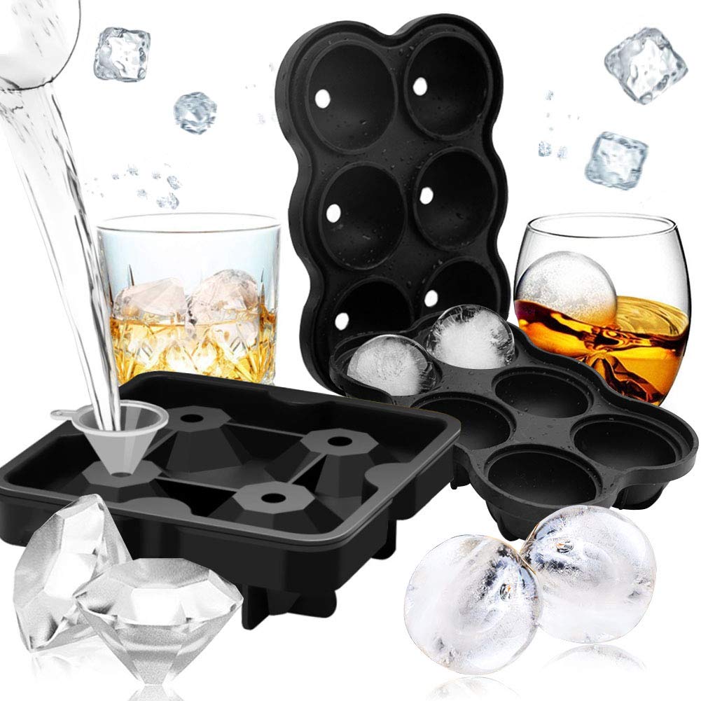 JOHOUSE 2PCS Silicone Ice Cube Molds, Round Ice Ball Maker Diamond Ice Maker, Hot Cocoa Chocolate Bomb Mold, Food Grade Silicone Mold Black