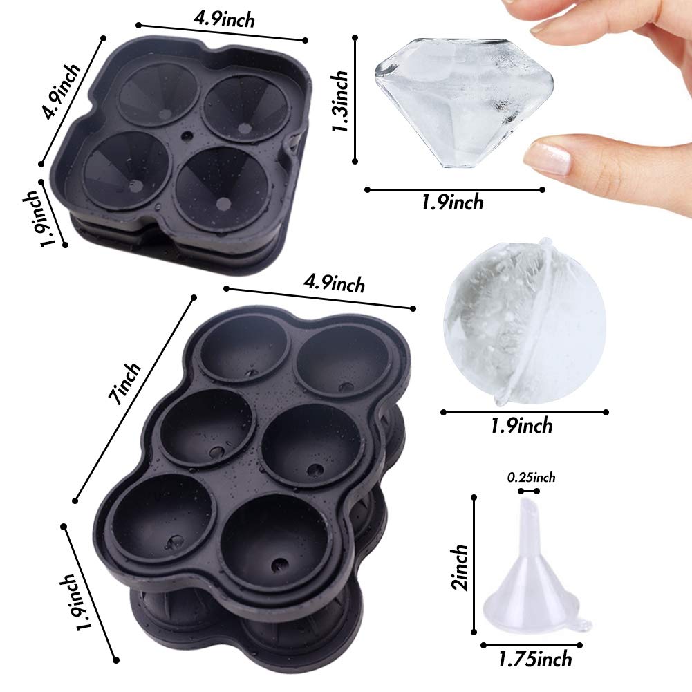 JOHOUSE 2PCS Silicone Ice Cube Molds, Round Ice Ball Maker Diamond Ice Maker, Hot Cocoa Chocolate Bomb Mold, Food Grade Silicone Mold Black