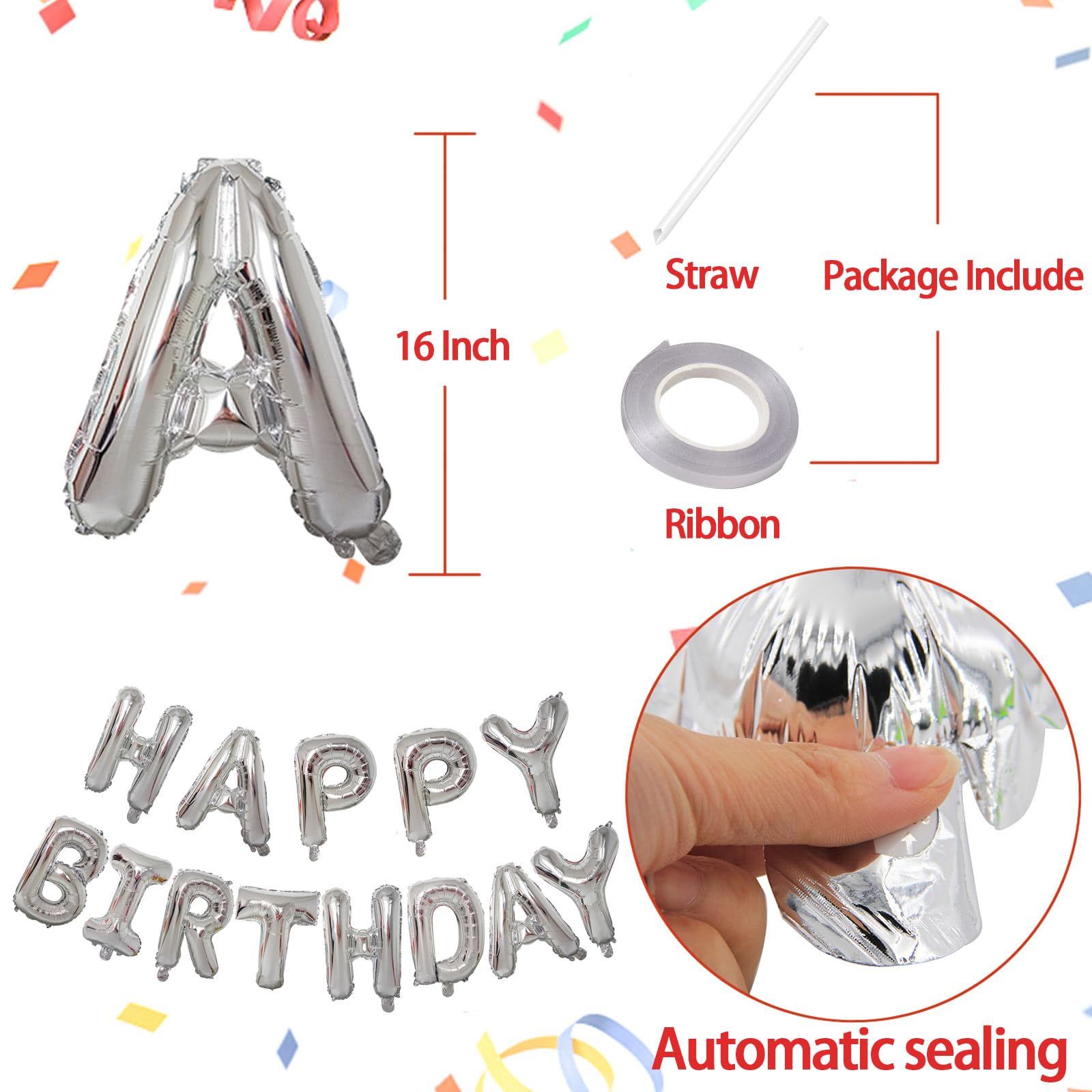 KALOR Silver Happy Birthday Balloons Banner,16 Inch Mylar Foil Letters Sign,Reusable Balloons for Women, Men, Boys & Girls Birthday Decorations Party Supplies