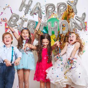 KALOR Silver Happy Birthday Balloons Banner,16 Inch Mylar Foil Letters Sign,Reusable Balloons for Women, Men, Boys & Girls Birthday Decorations Party Supplies